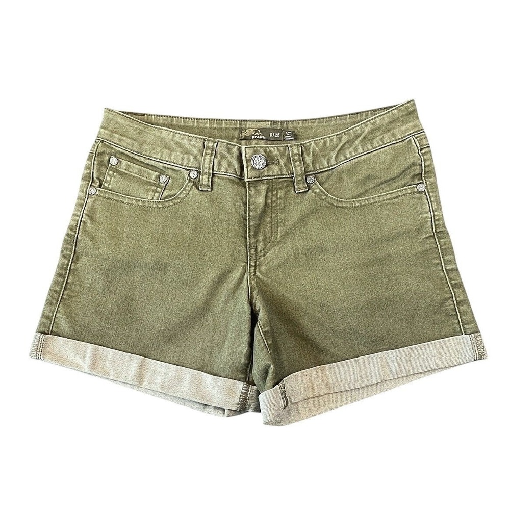 PrAna Womens Green Denim Cuffed Hem Low Rise Classic 5-Pocket Kara Shorts 0/25